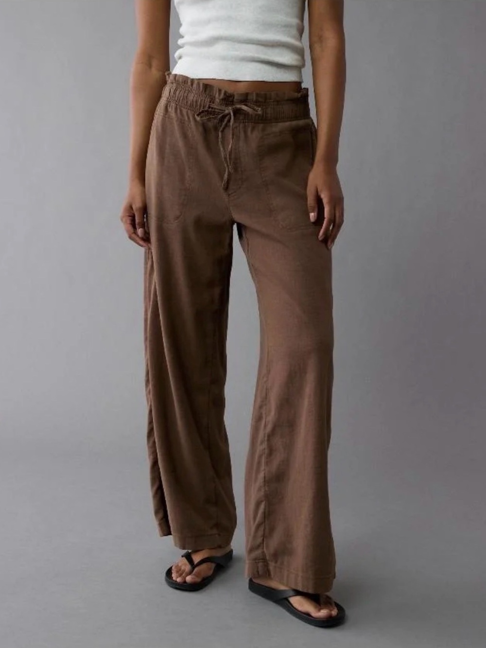 American Eagle Dreamy Drape Linen Blend Wide Leg Pants Brown L